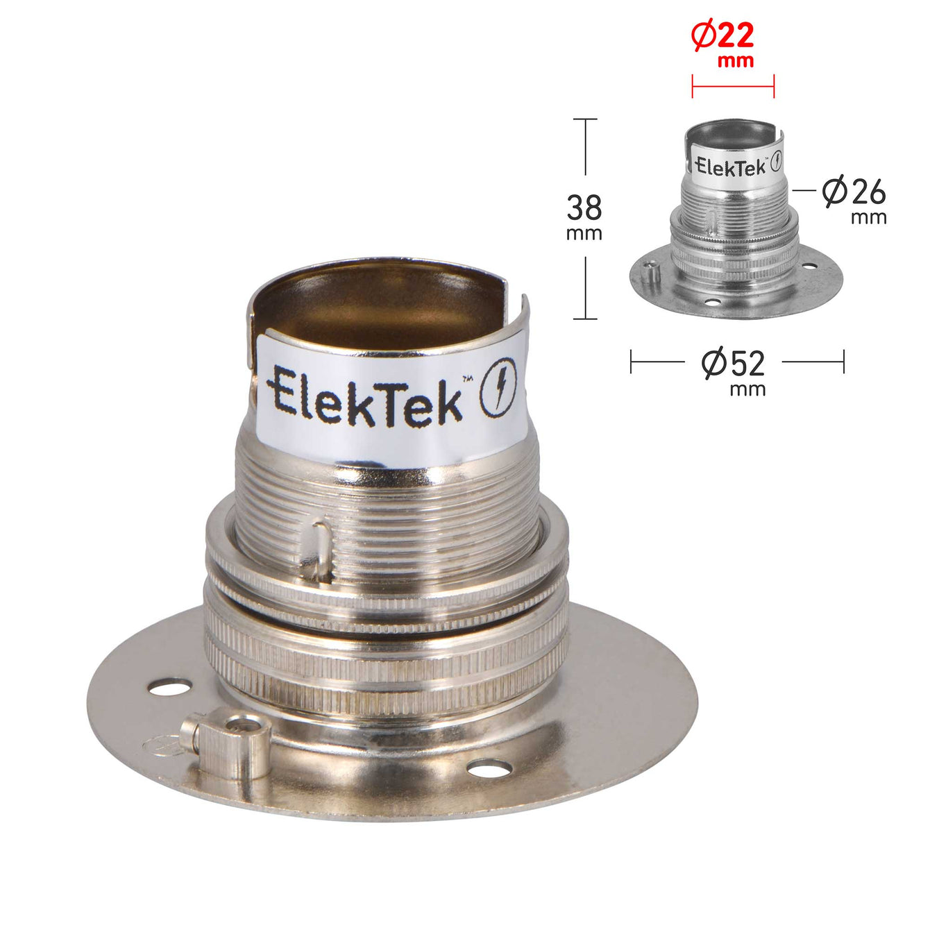 ElekTek Lamp Holder Fixed 52mm Dia Batten Bayonet Cap BC B22 With Shade Ring 3 Fixing Holes - Buy It Better