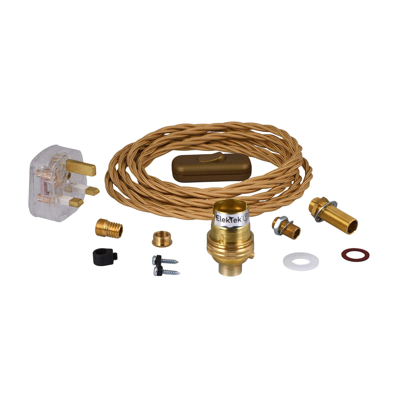 ElekTek Premium Lamp Kit Brass Unswitched B22 Lamp Holder with Gold Flex and 3A UK Plug - Buy It Better 