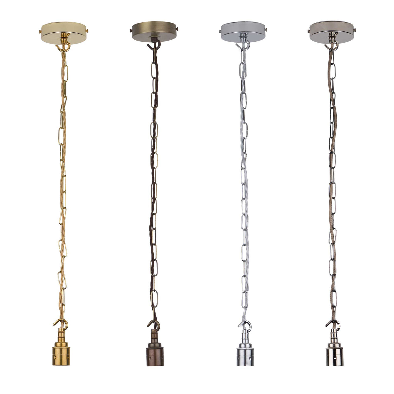 ElekTek Premium Pendant Light Kit DIY 100mm Flat Top Ceiling Rose, Chain, Twisted Flex and Lamp Holder E27 Plain Hook - Buy It Better Brass