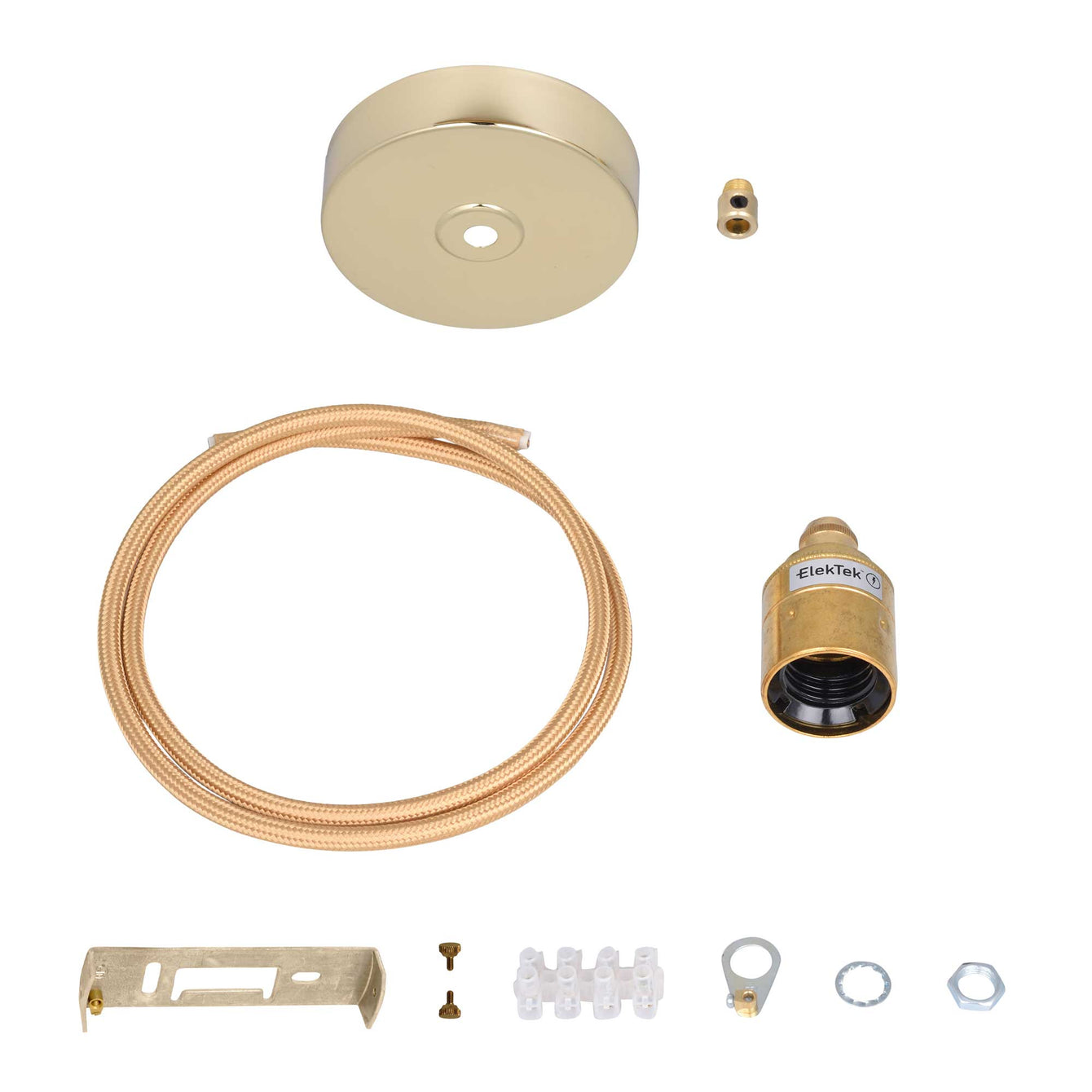 ElekTek Premium Pendant Light Kit DIY 100mm Flat Top Ceiling Rose, Round Flex and Lamp Holder E27 Plain Cord Grip - Buy It Better Antique Brass