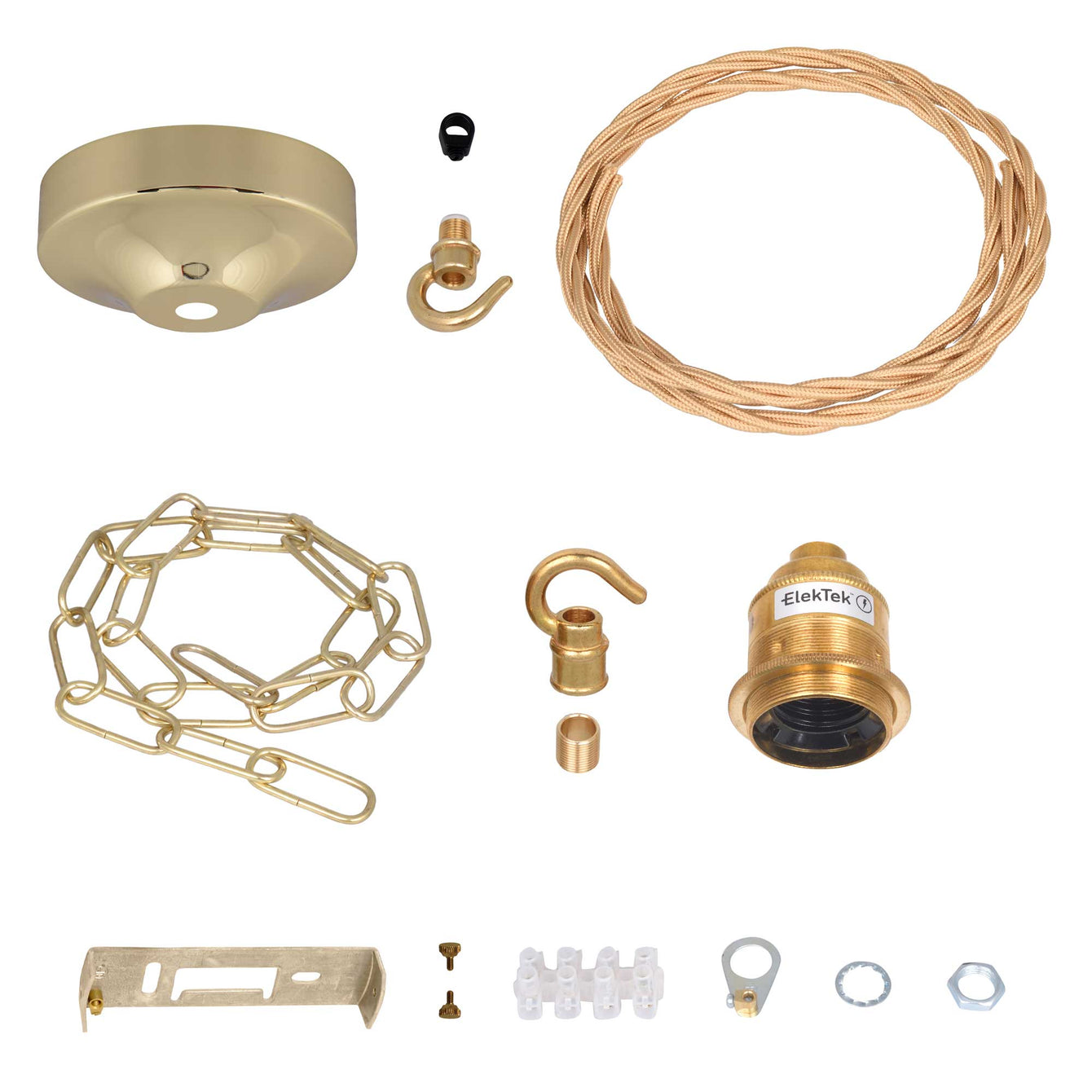 ElekTek Premium Pendant Light Kit DIY 100mm Convex Ceiling Rose, Chain, Twisted Flex and Lamp Holder E27 Shade Ring Hook - Buy It Better Antique Brass