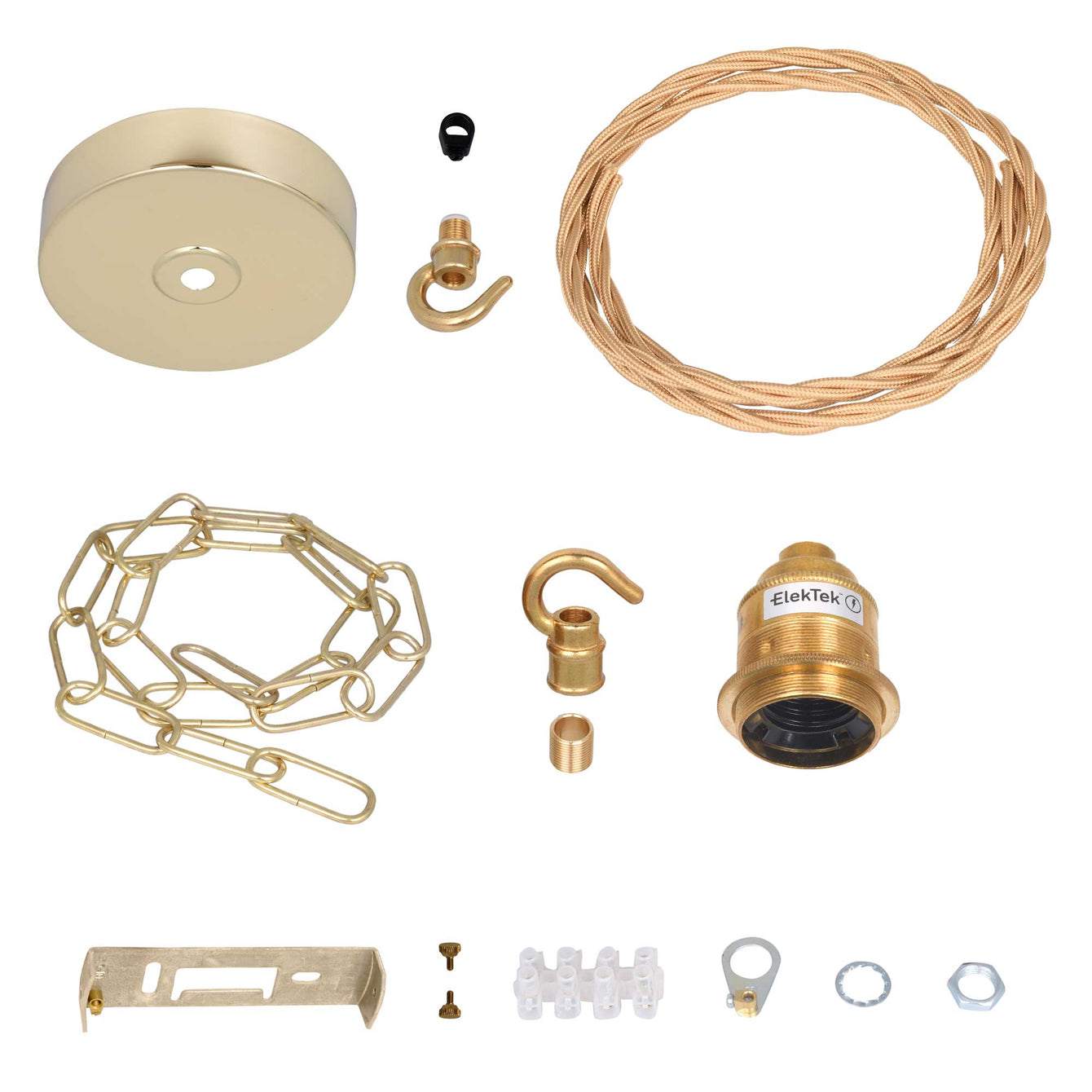 ElekTek Premium Pendant Light Kit DIY 100mm Flat Top Ceiling Rose, Chain, Twisted Flex and Lamp Holder E27 Shade Ring Hook - Buy It Better Antique Brass