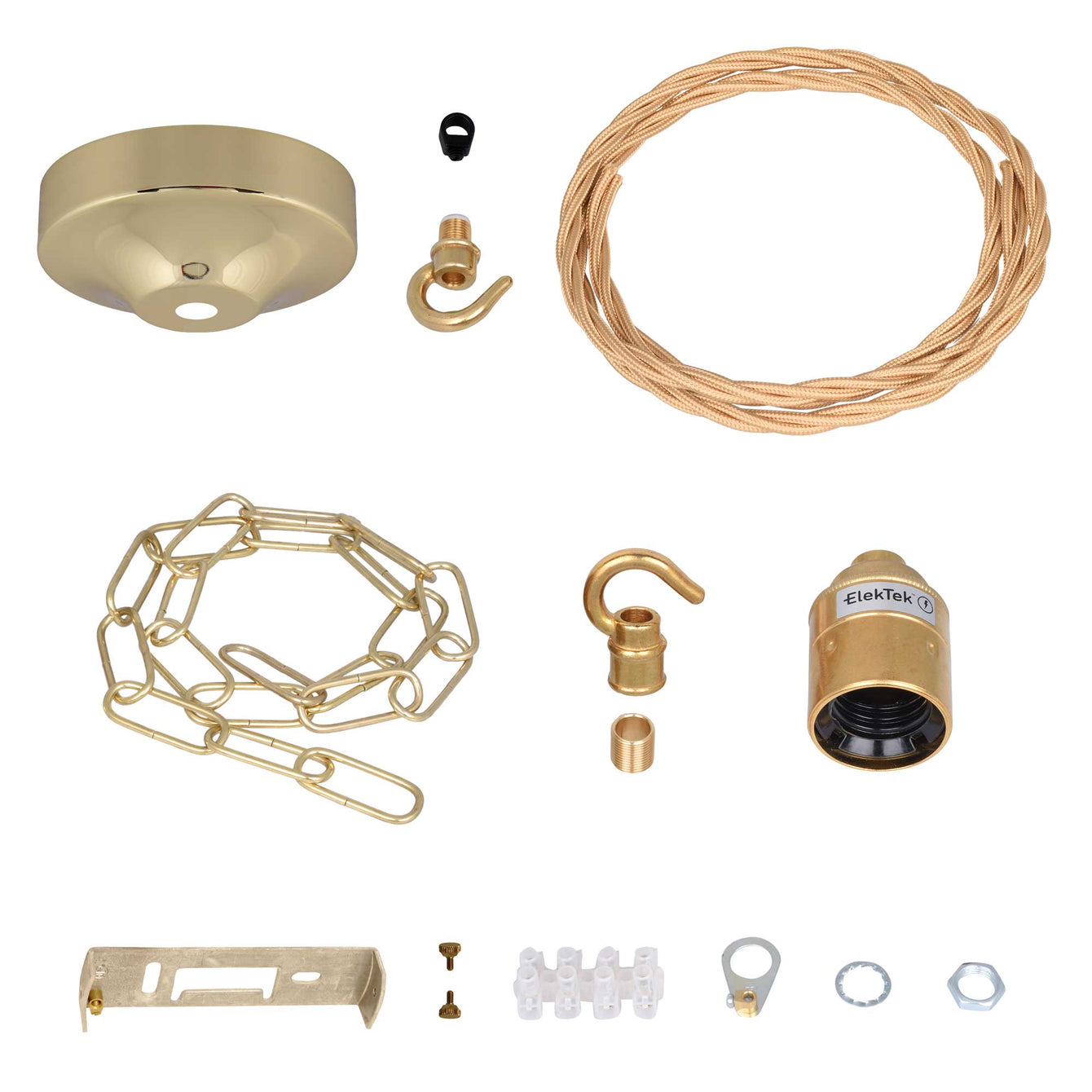 ElekTek Premium Pendant Light Kit DIY 100mm Convex Ceiling Rose, Chain, Twisted Flex and Lamp Holder E27 Plain Hook - Buy It Better Antique Brass