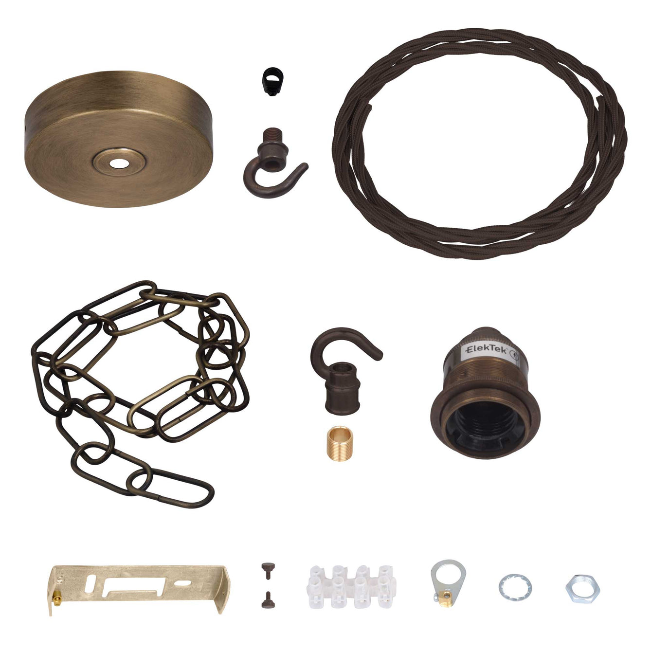ElekTek Premium Pendant Light Kit DIY 100mm Flat Top Ceiling Rose, Chain, Twisted Flex and Lamp Holder E27 Shade Ring Hook - Buy It Better Nickel (Round Flex)