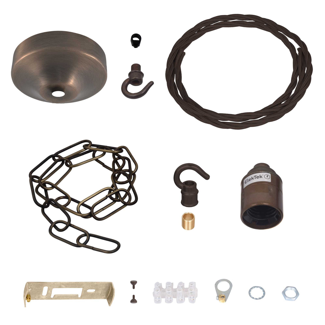 ElekTek Premium Pendant Light Kit DIY 100mm Convex Ceiling Rose, Chain, Twisted Flex and Lamp Holder E27 Plain Hook - Buy It Better Nickel (Round Flex)