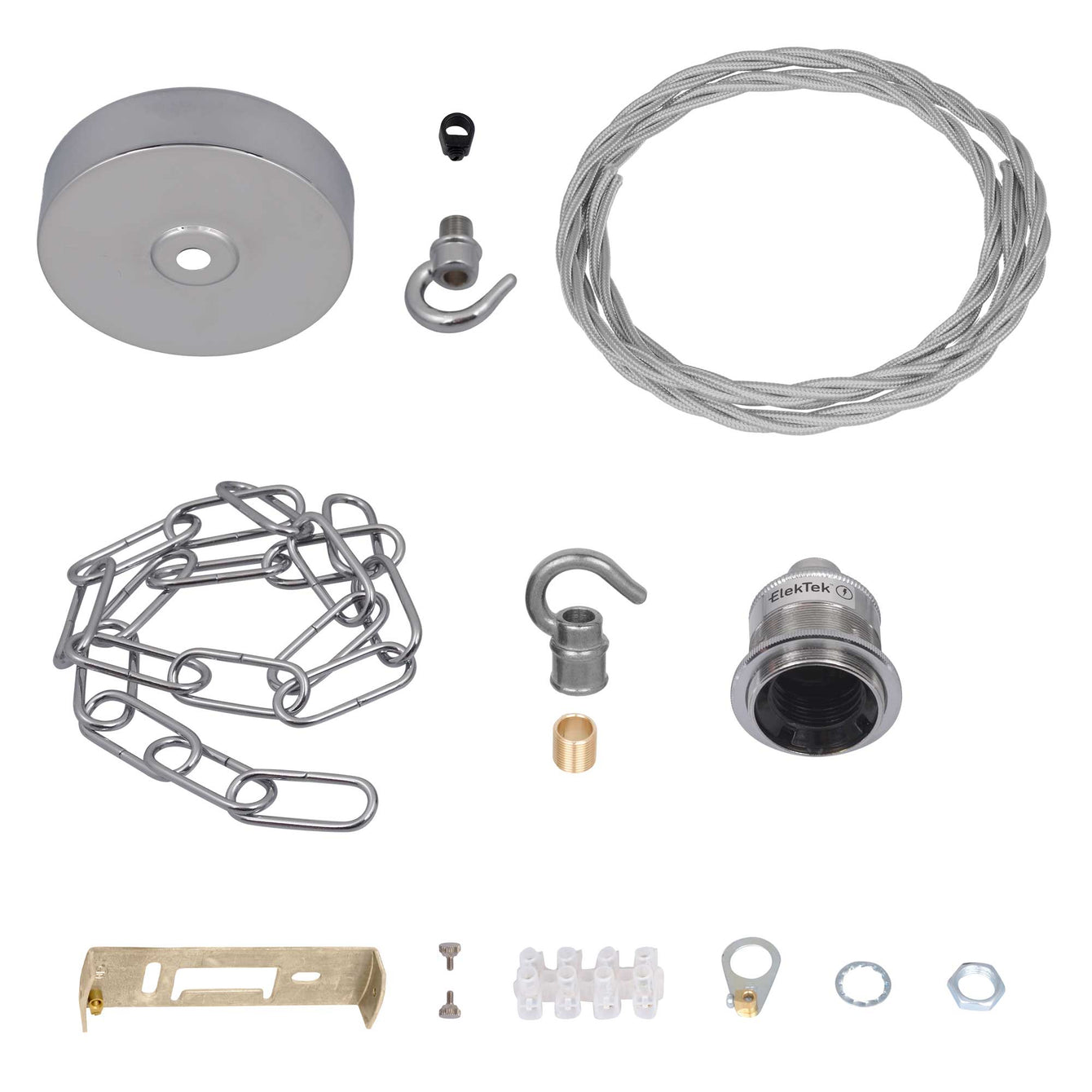 ElekTek Premium Pendant Light Kit DIY 100mm Flat Top Ceiling Rose, Chain, Twisted Flex and Lamp Holder E27 Shade Ring Hook - Buy It Better