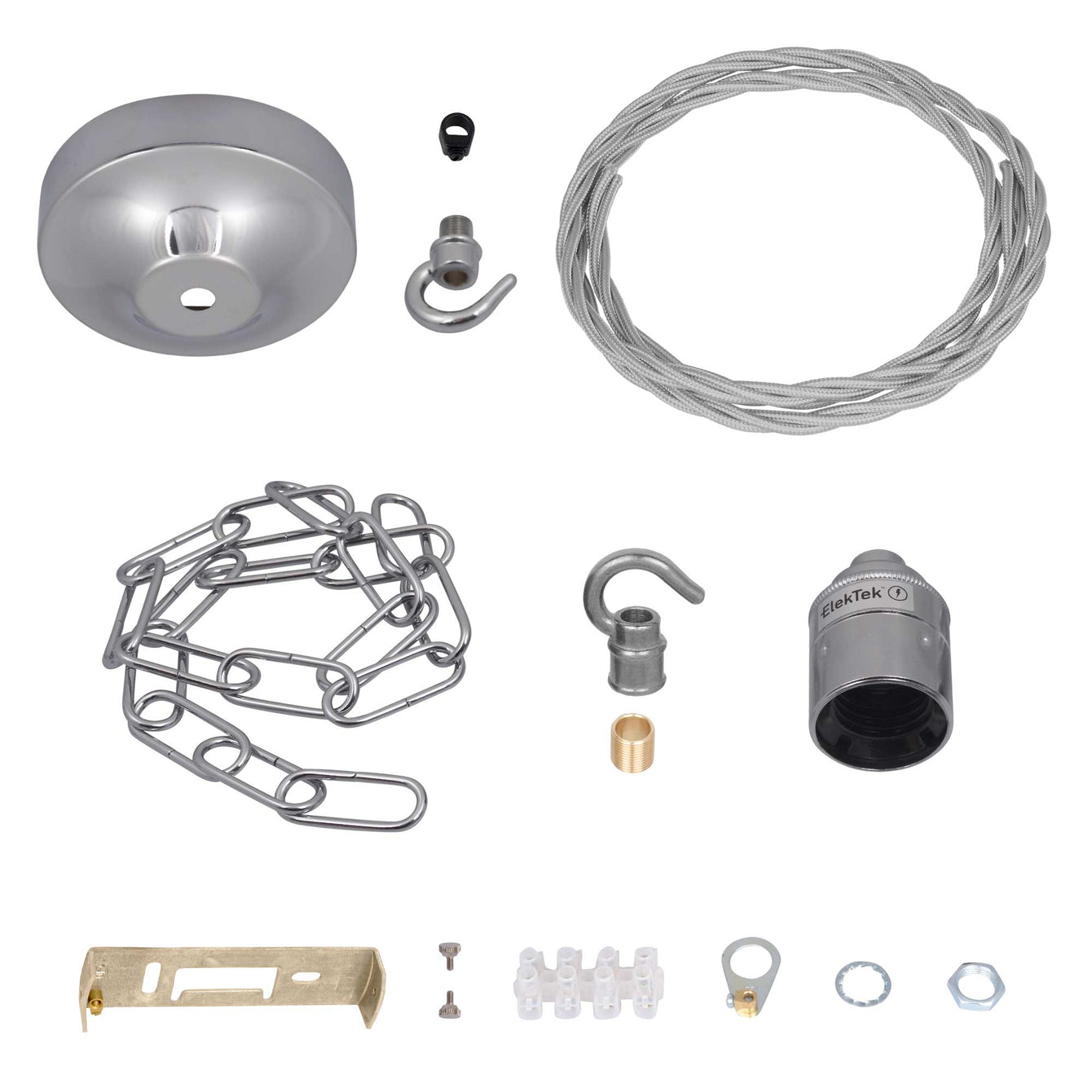 ElekTek Premium Pendant Light Kit DIY 100mm Convex Ceiling Rose, Chain, Twisted Flex and Lamp Holder E27 Plain Hook - Buy It Better
