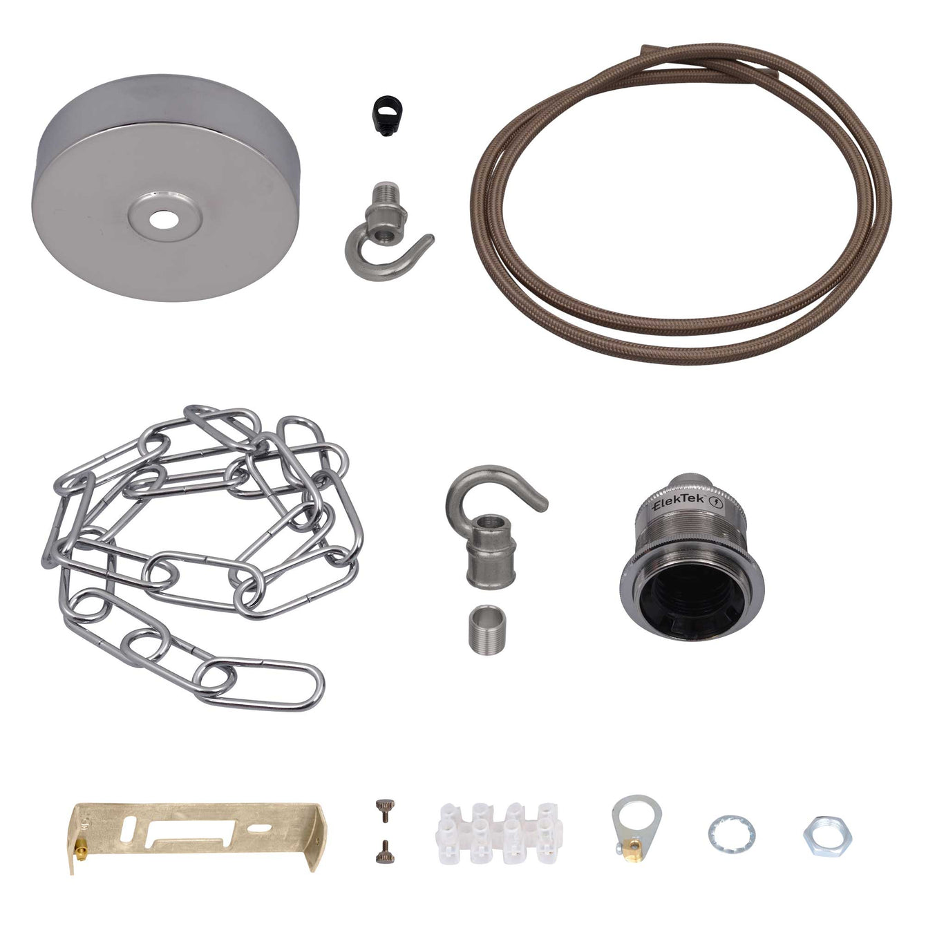 ElekTek Premium Pendant Light Kit DIY 100mm Flat Top Ceiling Rose, Chain, Twisted Flex and Lamp Holder E27 Shade Ring Hook - Buy It Better