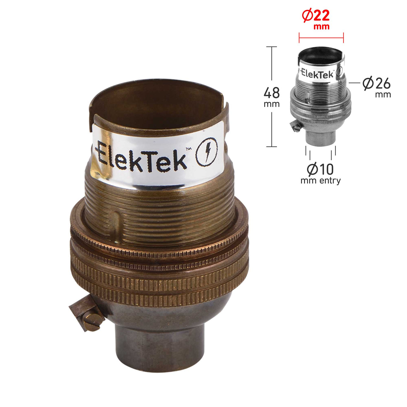ElekTek Lamp Holder Bayonet Cap B22 Unswitched 10mm or Half Inch Entry With Shade Ring Solid Brass - Buy It Better Brushed Antique Brass / Half Inch
