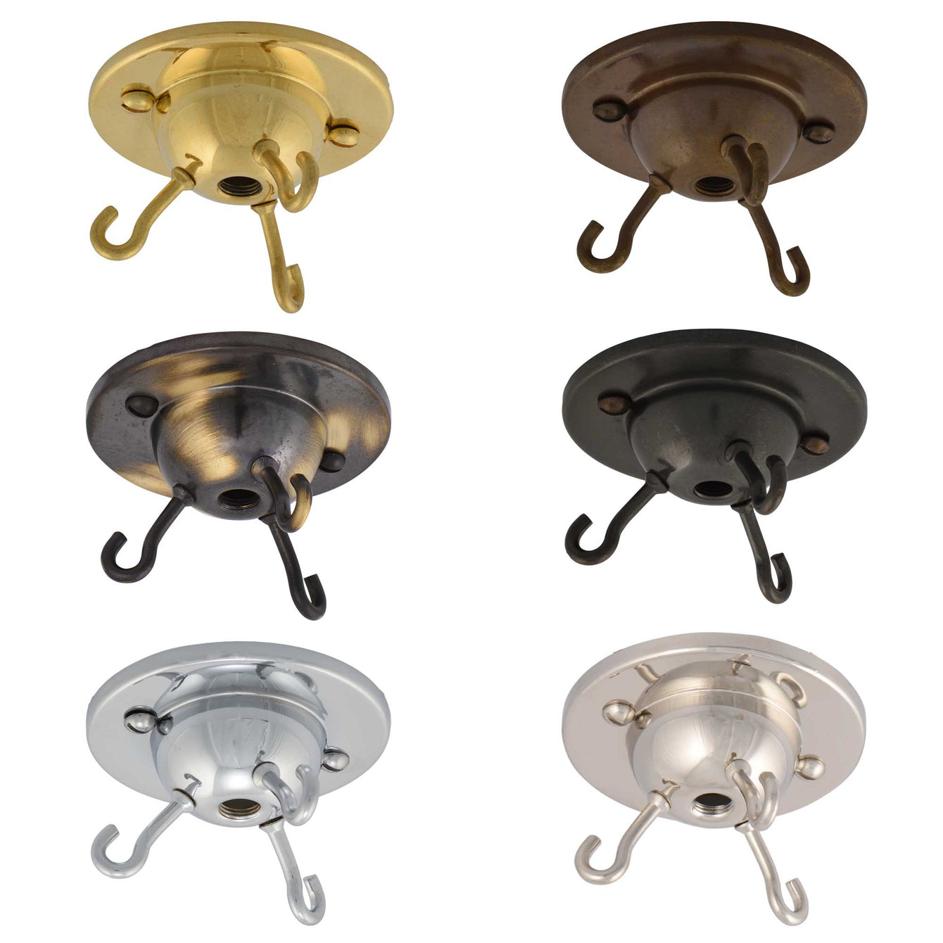 ElekTek 3-Hook Ceiling Rose Plate for DIY Suspended Indoor Hanging Baskets, Decorative Inverted (Fly Catcher) Shades without wired light fittings. Metallic Finishes available Brass