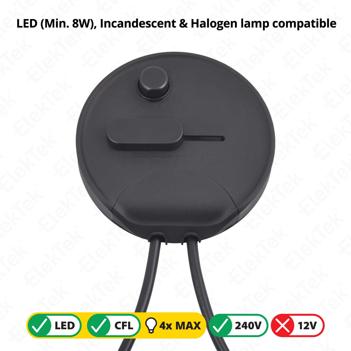 ElekTek LED Compatible Universal In Line Foot Dimmer Switch 240v AC 3 Core Suitable For LED CFL & Incandescent Bulbs Black