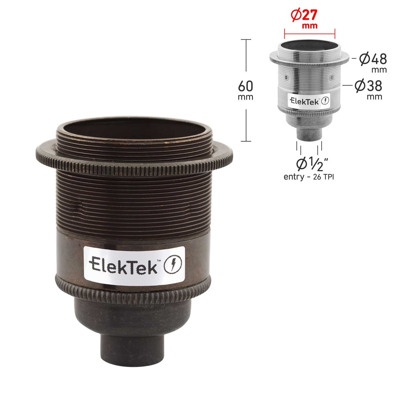 ElekTek ES Edison Screw E27 Lamp Holder With Shade Ring 10mm or Half Inch Entry Ideal for Vintage Filament Bulbs Brass - Buy It Better