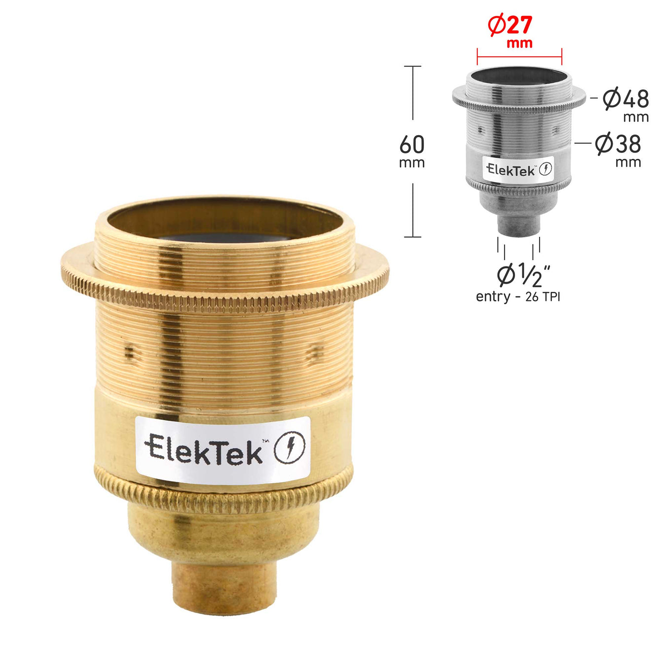 ElekTek ES Edison Screw E27 Lamp Holder With Shade Ring 10mm or Half Inch Entry Ideal for Vintage Filament Bulbs Brass - Buy It Better 