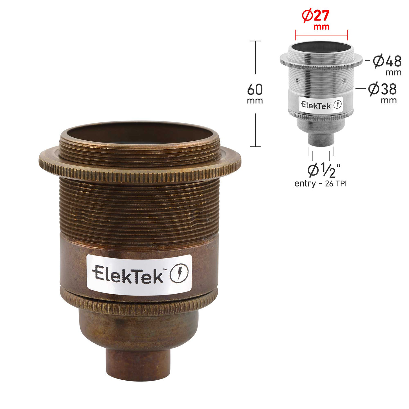 ElekTek ES Edison Screw E27 Lamp Holder With Shade Ring 10mm or Half Inch Entry Ideal for Vintage Filament Bulbs Brass - Buy It Better