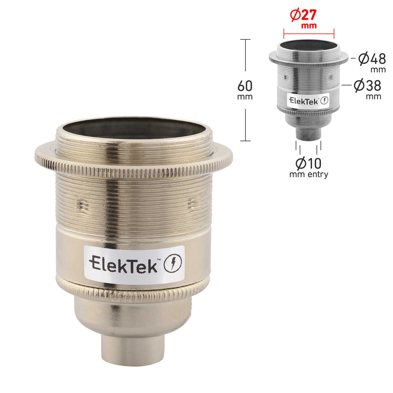 ElekTek ES Edison Screw E27 Lamp Holder With Shade Ring 10mm or Half Inch Entry Ideal for Vintage Filament Bulbs Brass - Buy It Better Nickel / Half Inch