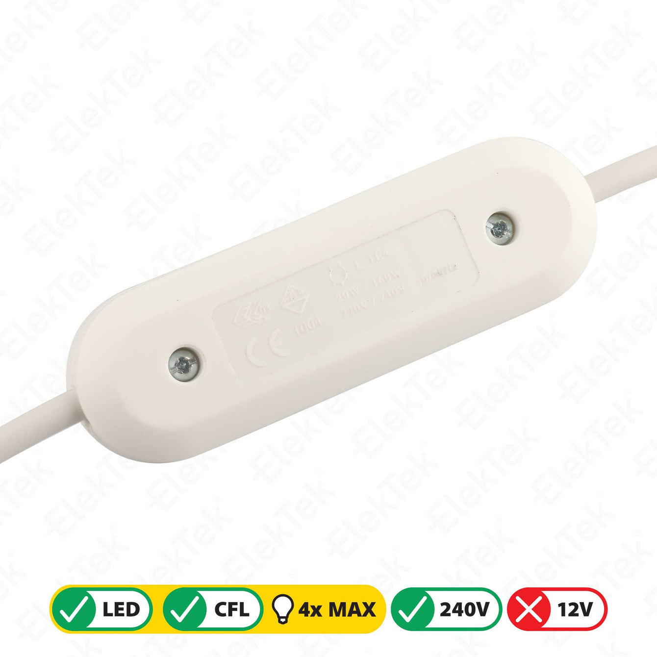 ElekTek LED Compatible Universal In Line Push Button Dimmer Switch 240v AC 2 Core Suitable For LED CFL & Incandescent Bulbs White