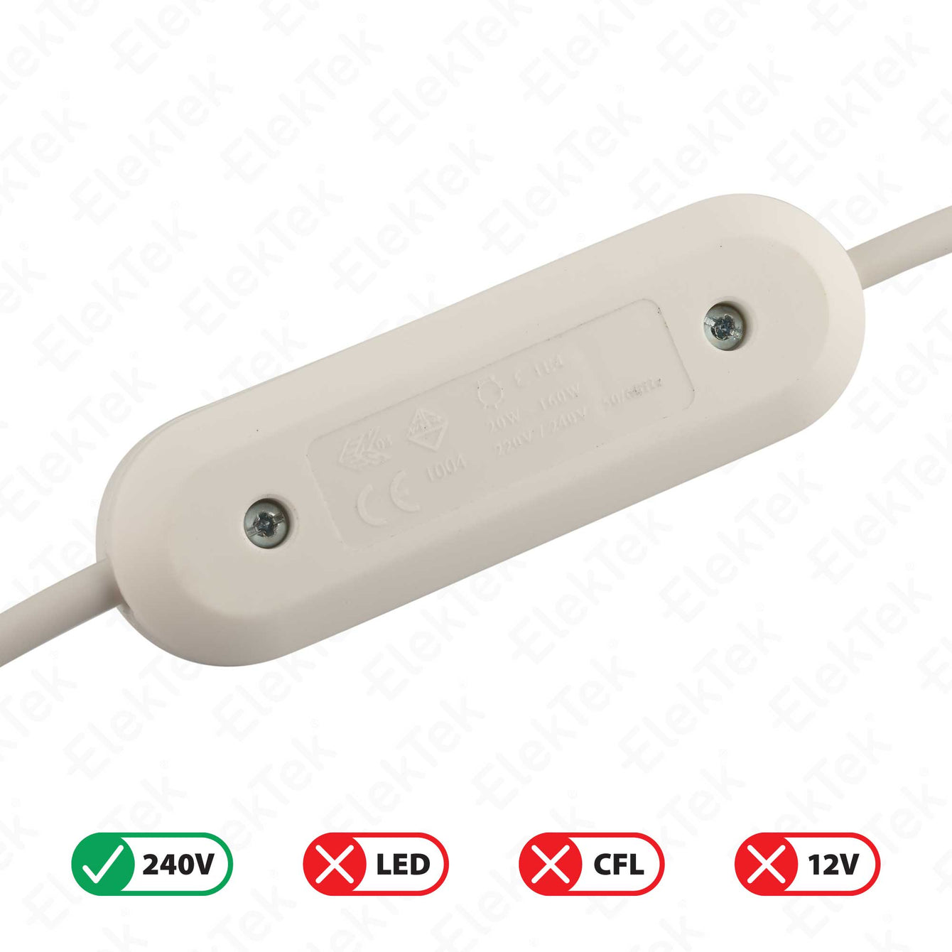 ElekTek In Line Rotary Dimmer Switch Rated 20-160w 240v AC 3 Core Suitable For Incandescent Lamps and Bulbs Colours