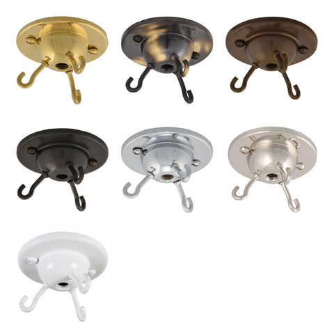 ElekTek 3-Hook Ceiling Rose Plate for DIY Suspended Indoor Hanging Baskets, Decorative Inverted (Fly Catcher) Shades without wired light fittings. Metallic Finishes available