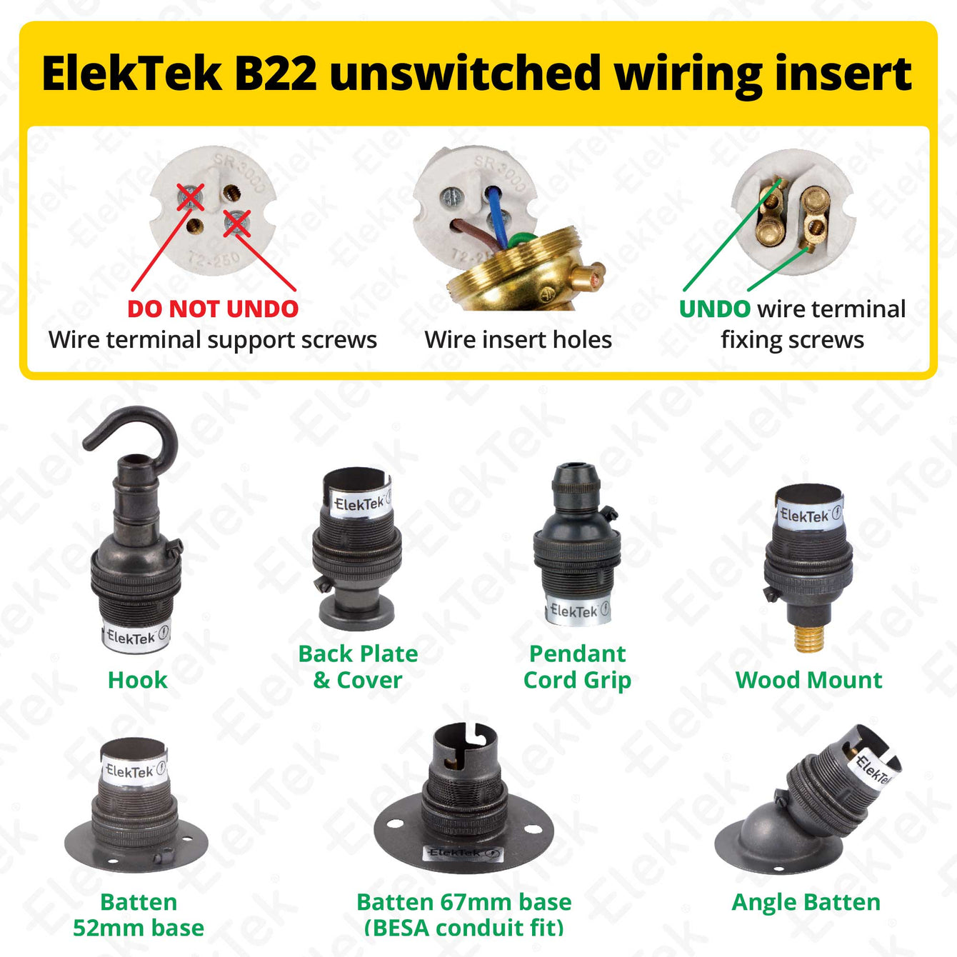 ElekTek Lamp Holder Half Inch Bayonet Cap B22 Unswitched With Shade Ring Back Plate Cover and Screws Solid Brass - Buy It Better 