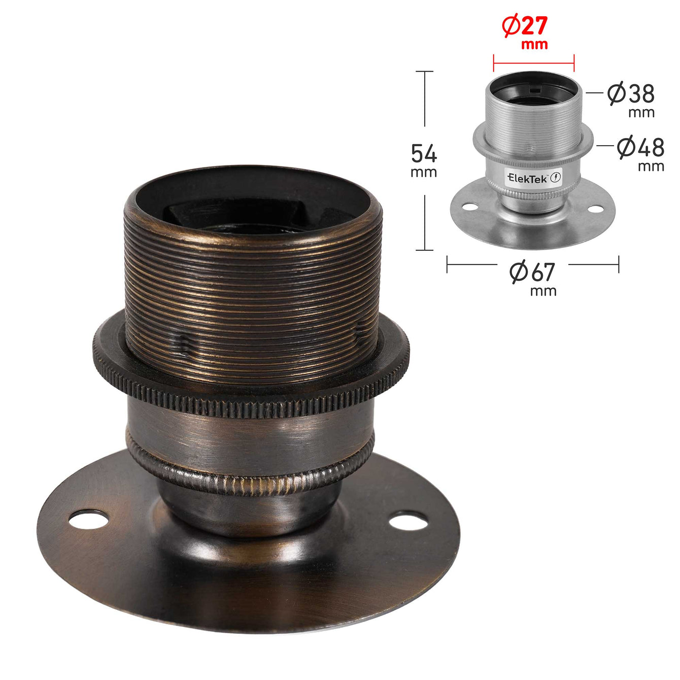 ElekTek ES Edison Screw E27 Fixed Batten Lamp Holder With Shade Ring Ideal for Vintage Filament Bulbs Brass 