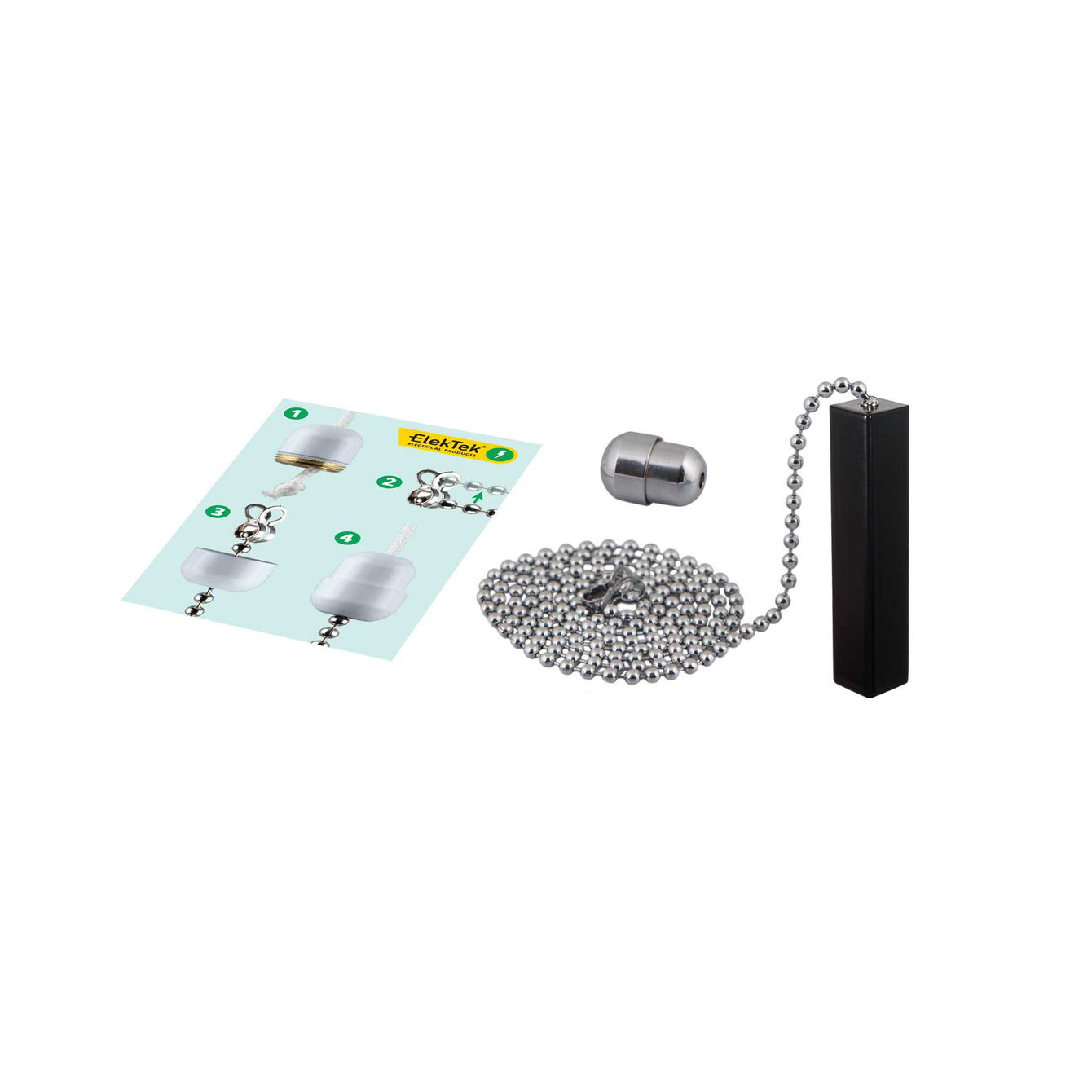 ElekTek Premium Black Bathroom Light Pull Cord Switch Kit with Pull Chain Handle Black Crystal Ball / Chrome