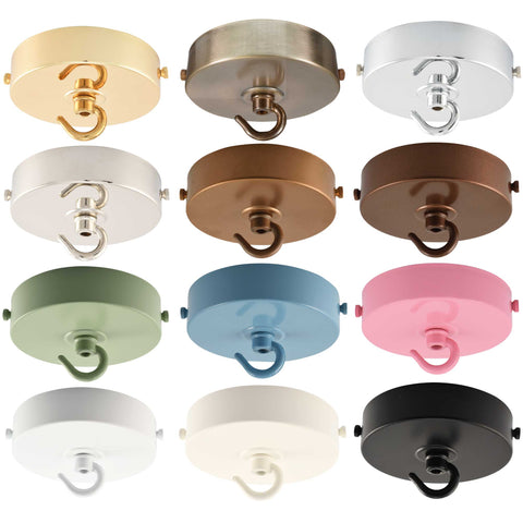 ElekTek 100mm Diameter Flat Top Ceiling Rose with Strap Bracket and Hook Metallic Finishes Powder Coated Colours