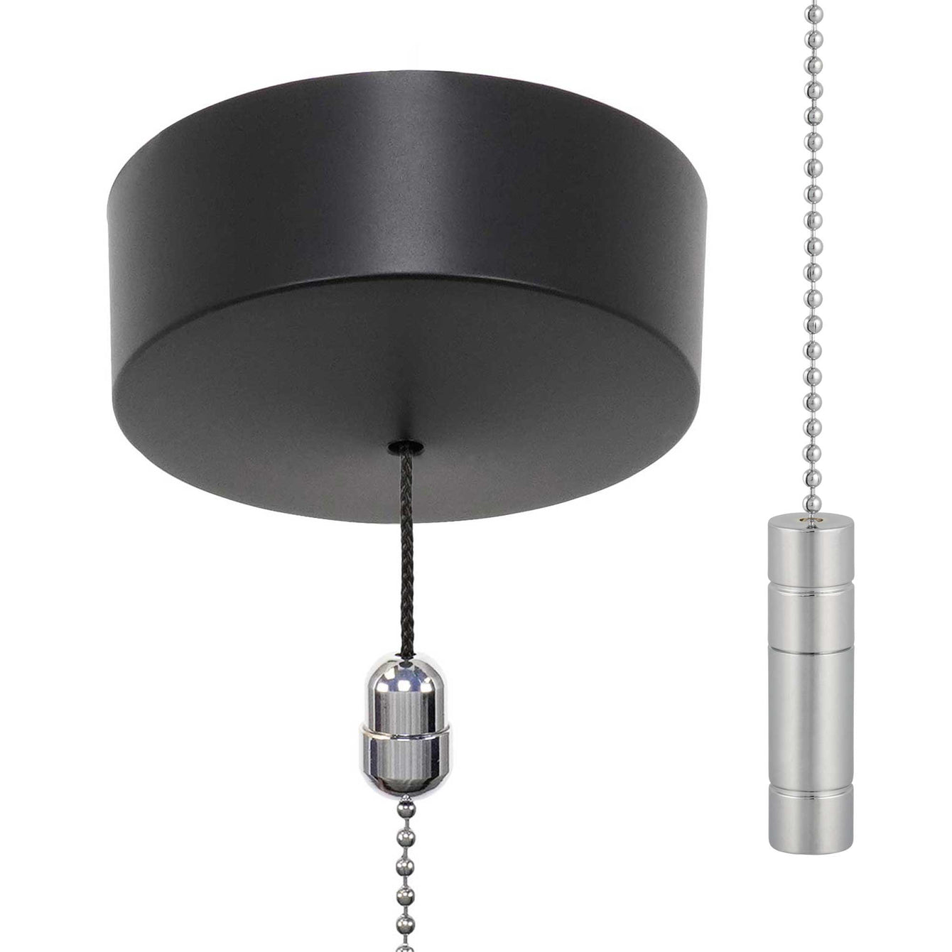 ElekTek Premium Matt Black Bathroom Light Pull Cord Switch Kit with Pull Chain Handle Black Cylinder / Chrome