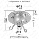 ElekTek 3-Hook Ceiling Rose with Cord Grip and Matching Screws - Metallic Finishes available