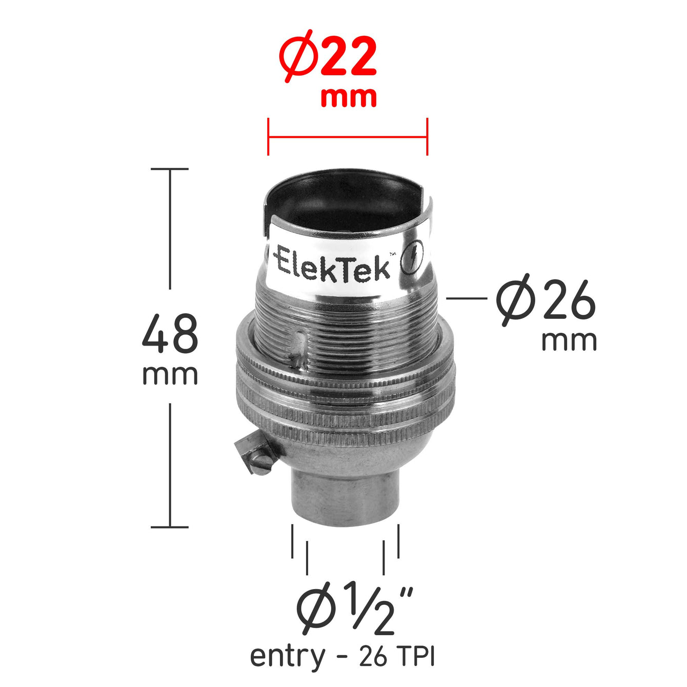 ElekTek Lamp Holder Bayonet Cap B22 Unswitched 10mm or Half Inch Entry With Shade Ring Solid Brass - Buy It Better 