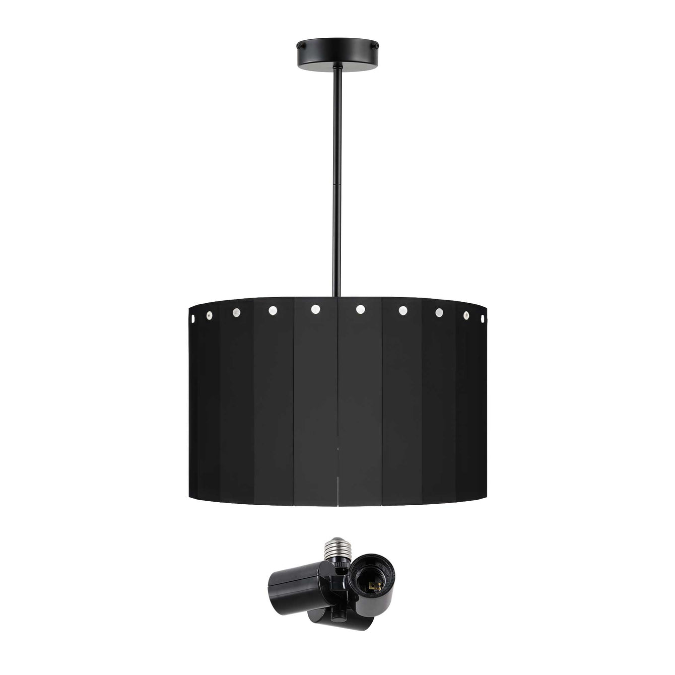 ElekTek Modern Fixed Rod Ceiling Pendant Light E27 Lamp Holder with Wooden Slats Drum Lamp Shade 40cm Dia 3-Way Bulb Adapter Cream