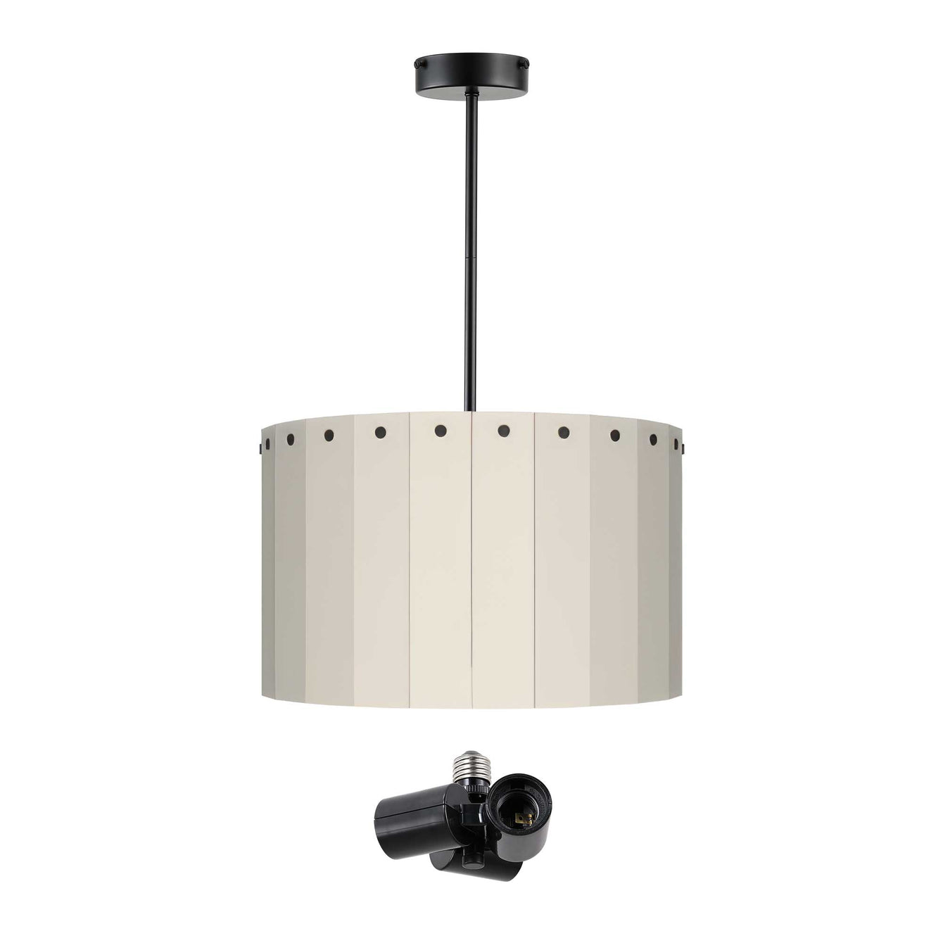ElekTek Modern Fixed Rod Ceiling Pendant Light E27 Lamp Holder with Wooden Slats Drum Lamp Shade 40cm Dia 3-Way Bulb Adapter 