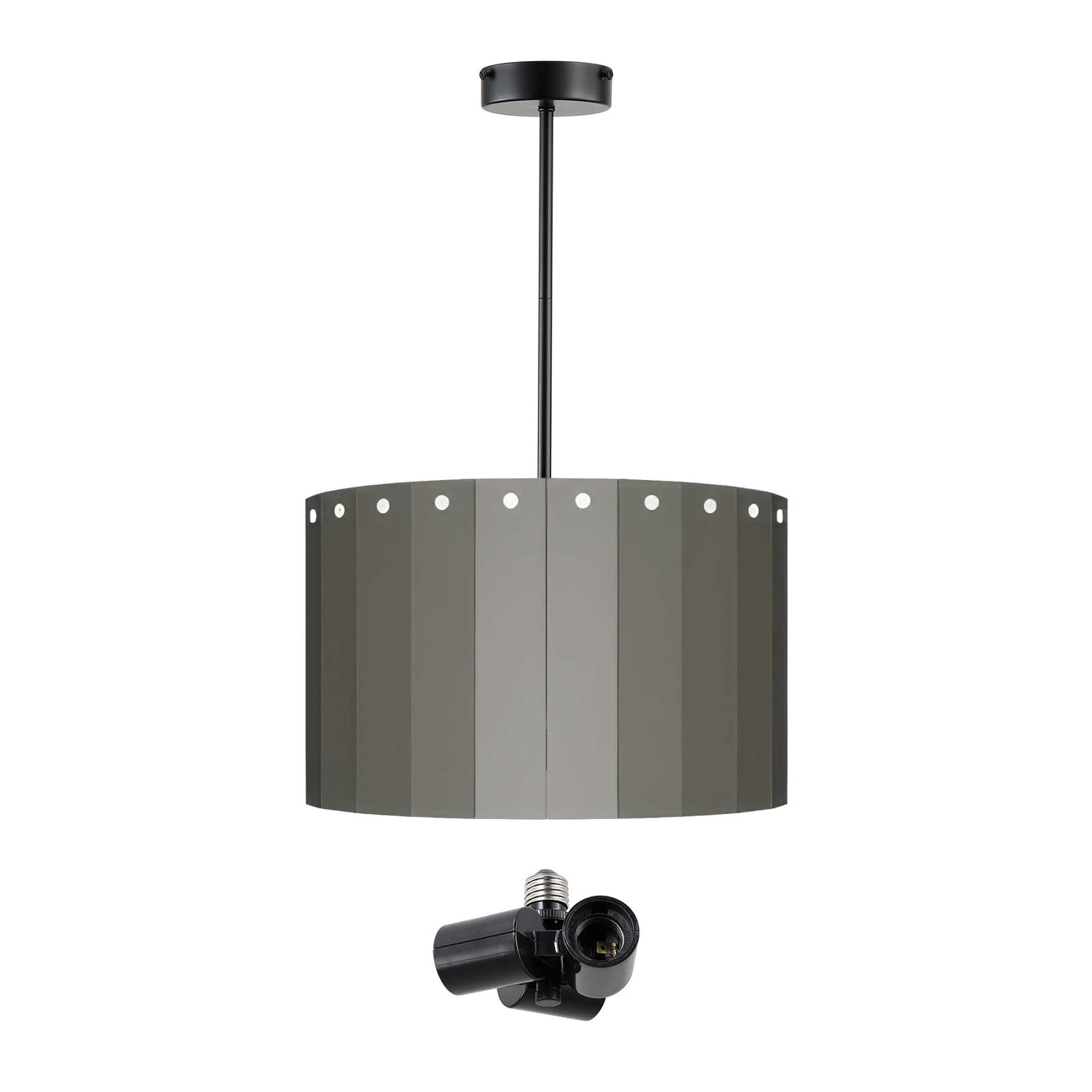 ElekTek Modern Fixed Rod Ceiling Pendant Light E27 Lamp Holder with Wooden Slats Drum Lamp Shade 40cm Dia 3-Way Bulb Adapter 