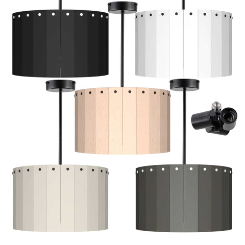 ElekTek Modern Fixed Rod Ceiling Pendant Light E27 Lamp Holder with Wooden Slats Drum Lamp Shade 40cm Dia 3-Way Bulb Adapter