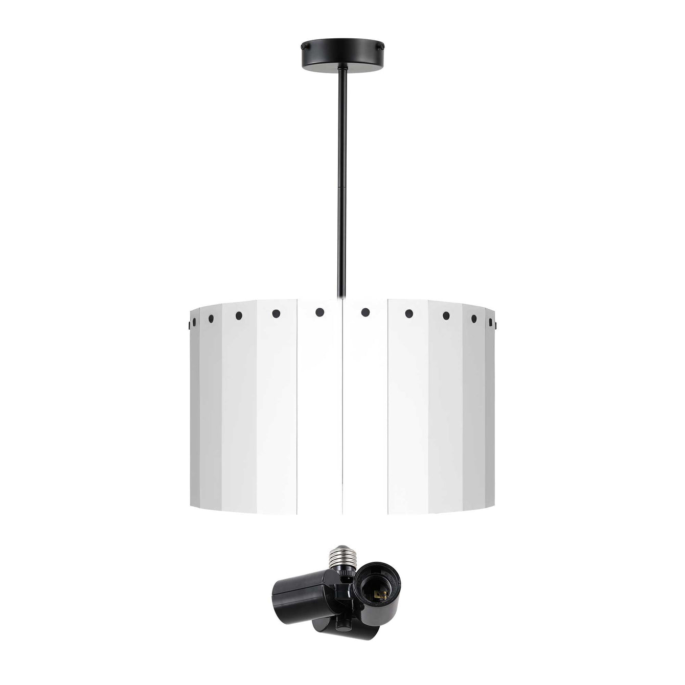 ElekTek Modern Fixed Rod Ceiling Pendant Light E27 Lamp Holder with Wooden Slats Drum Lamp Shade 40cm Dia 3-Way Bulb Adapter 