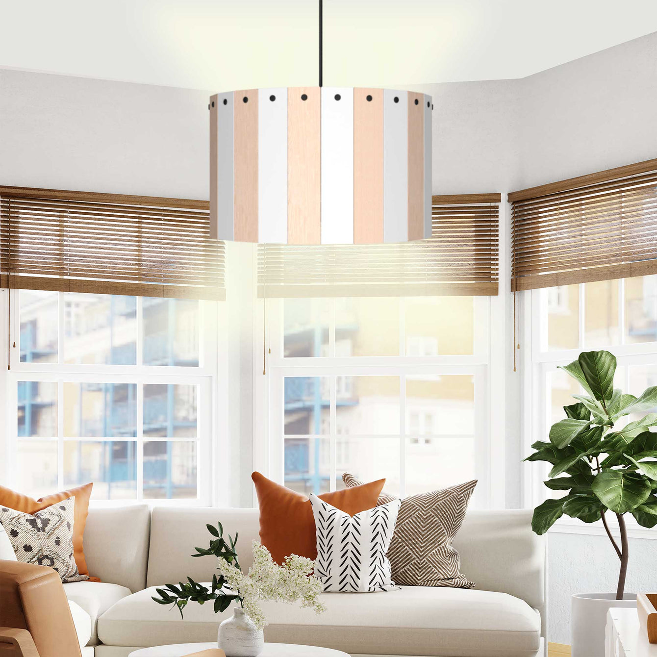 ElekTek Modern Ceiling Pendant Light Lamp Shade with Wooden Slats, Rivets 40cm Dia - Buy It Better 