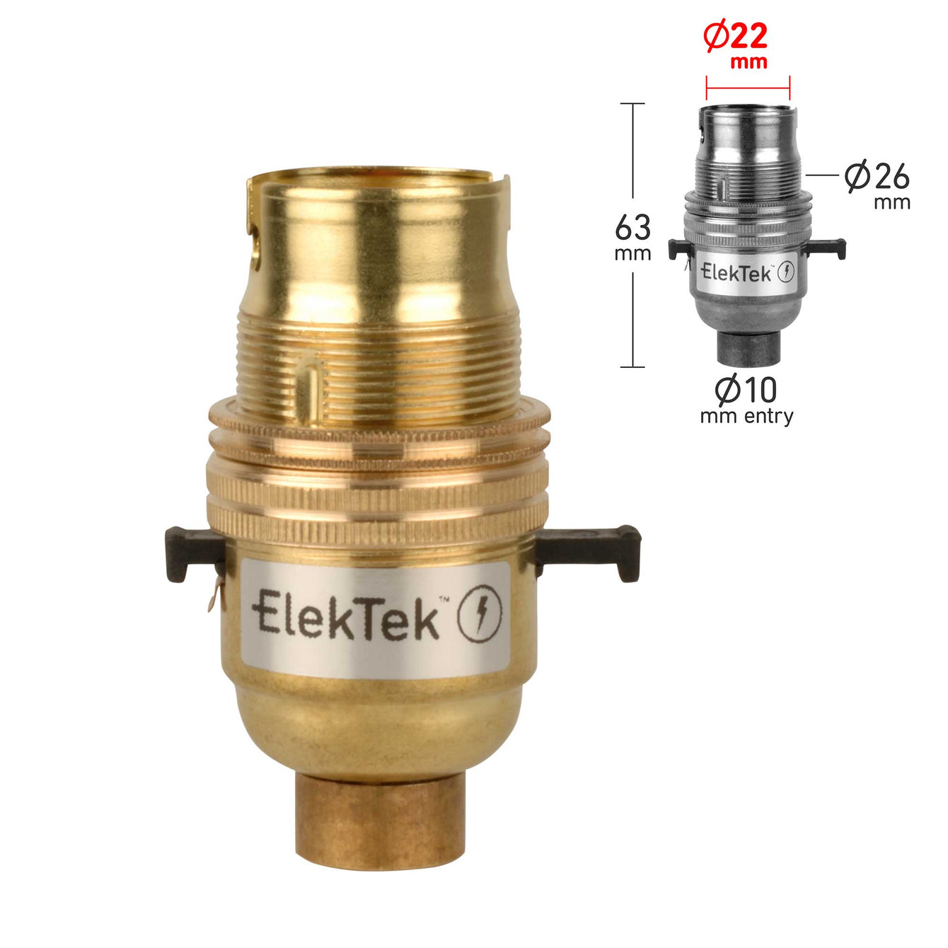 ElekTek Safety Switch Lamp Holder Bayonet Cap B22 10mm or Half Inch Entry With Shade Ring Solid Brass Brass / Half Inch