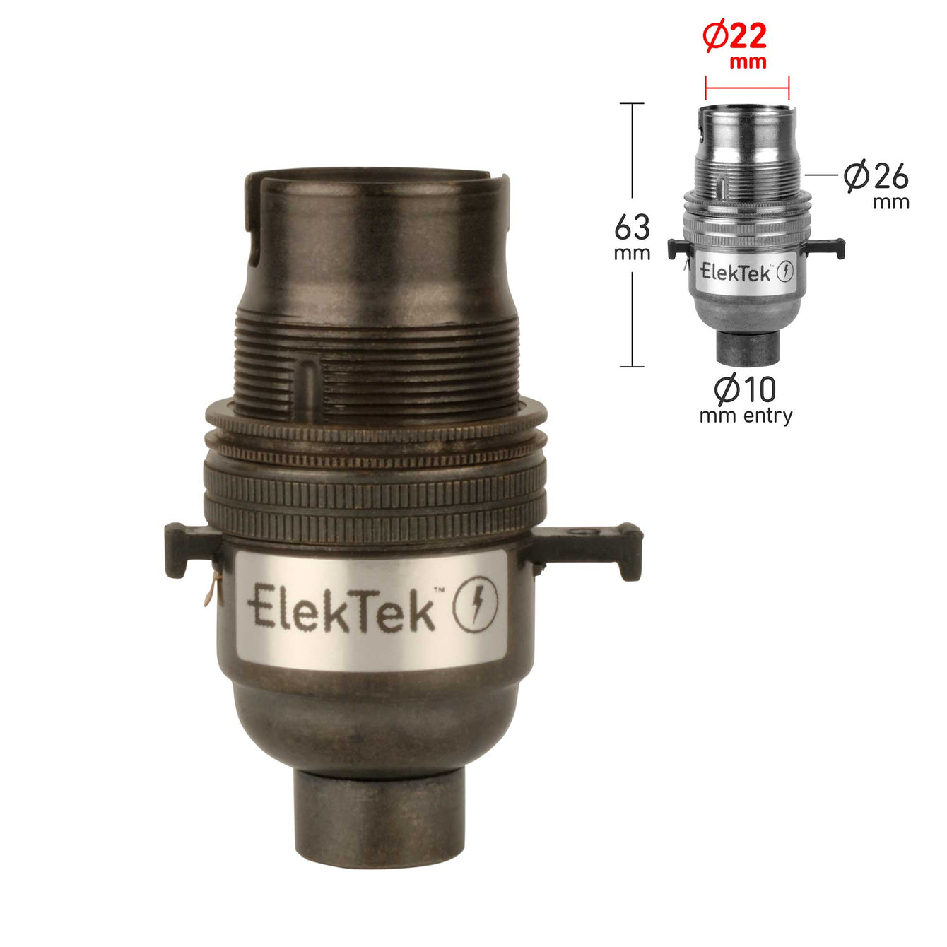 ElekTek Safety Switch Lamp Holder Bayonet Cap B22 10mm or Half Inch Entry With Shade Ring Solid Brass 