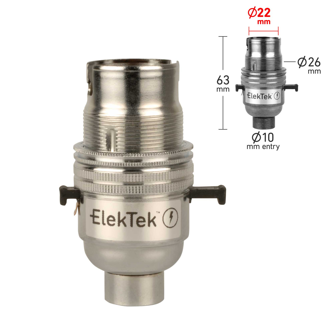 ElekTek Safety Switch Lamp Holder Bayonet Cap B22 10mm or Half Inch Entry With Shade Ring Solid Brass 