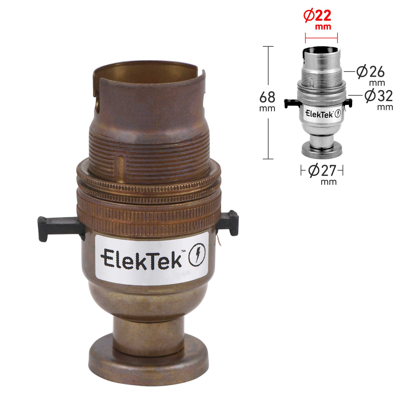 ElekTek Safety Switch Lamp Holder Half Inch Bayonet Cap B22 With Shade Ring Back Plate Cover and Screws Brass 