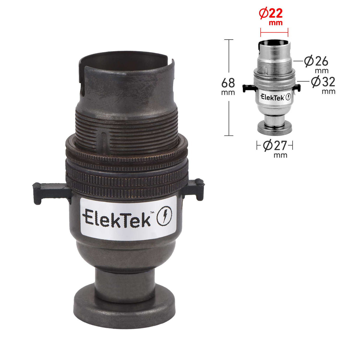ElekTek Safety Switch Lamp Holder Half Inch Bayonet Cap B22 With Shade Ring Back Plate Cover and Screws Brass 