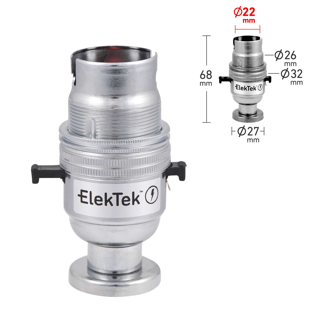 ElekTek Safety Switch Lamp Holder Half Inch Bayonet Cap B22 With Shade Ring Back Plate Cover and Screws Brass 