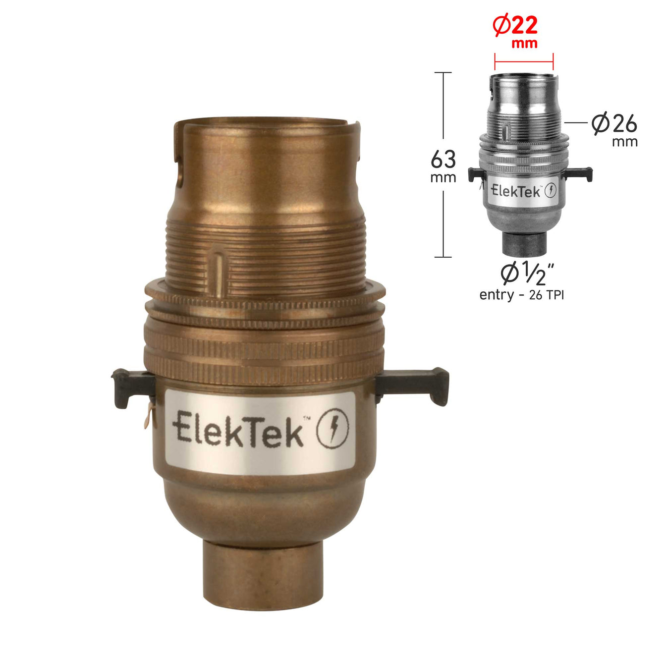 ElekTek Safety Switch Lamp Holder Bayonet Cap B22 10mm or Half Inch Entry With Shade Ring Solid Brass 