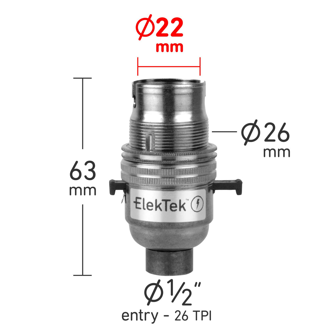 ElekTek Safety Switch Lamp Holder Bayonet Cap B22 10mm or Half Inch Entry With Shade Ring Solid Brass 