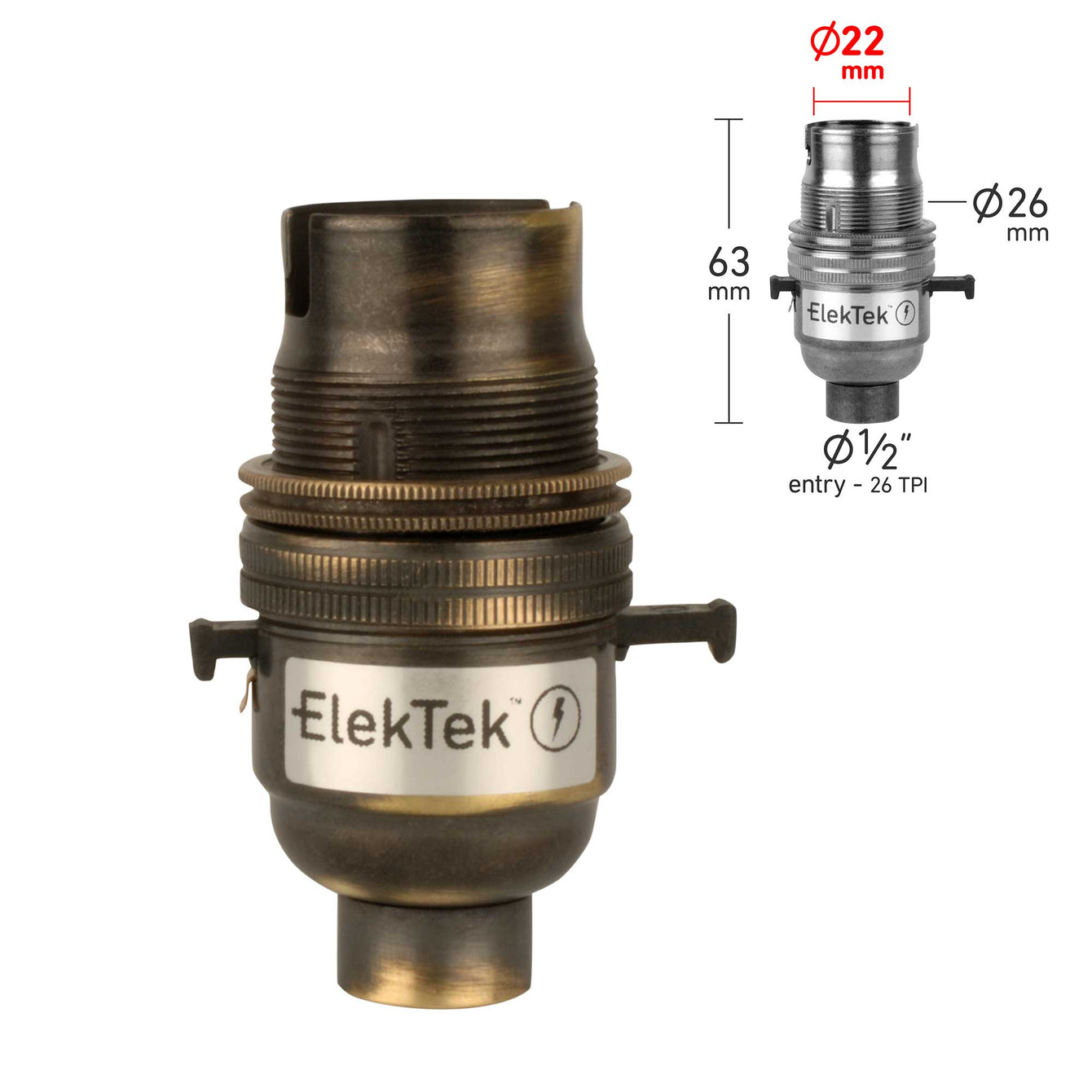 ElekTek Safety Switch Lamp Holder Bayonet Cap B22 10mm or Half Inch Entry With Shade Ring Solid Brass 