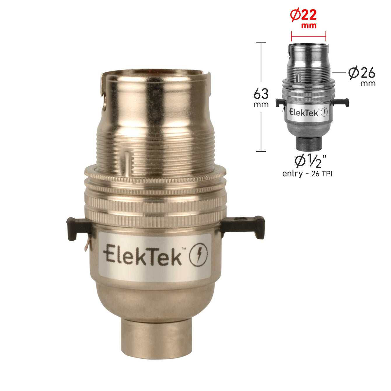 ElekTek Safety Switch Lamp Holder Bayonet Cap B22 10mm or Half Inch Entry With Shade Ring Solid Brass 