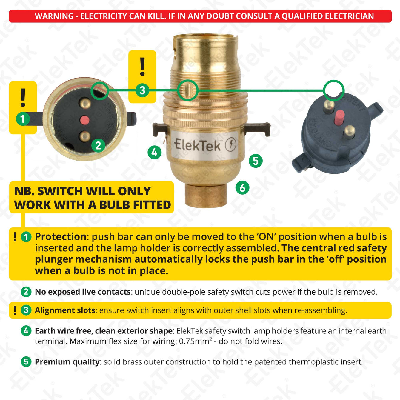 ElekTek Safety Switch Lamp Holder Half Inch Bayonet Cap B22 With Shade Ring Back Plate Cover and Screws Brass Nickel