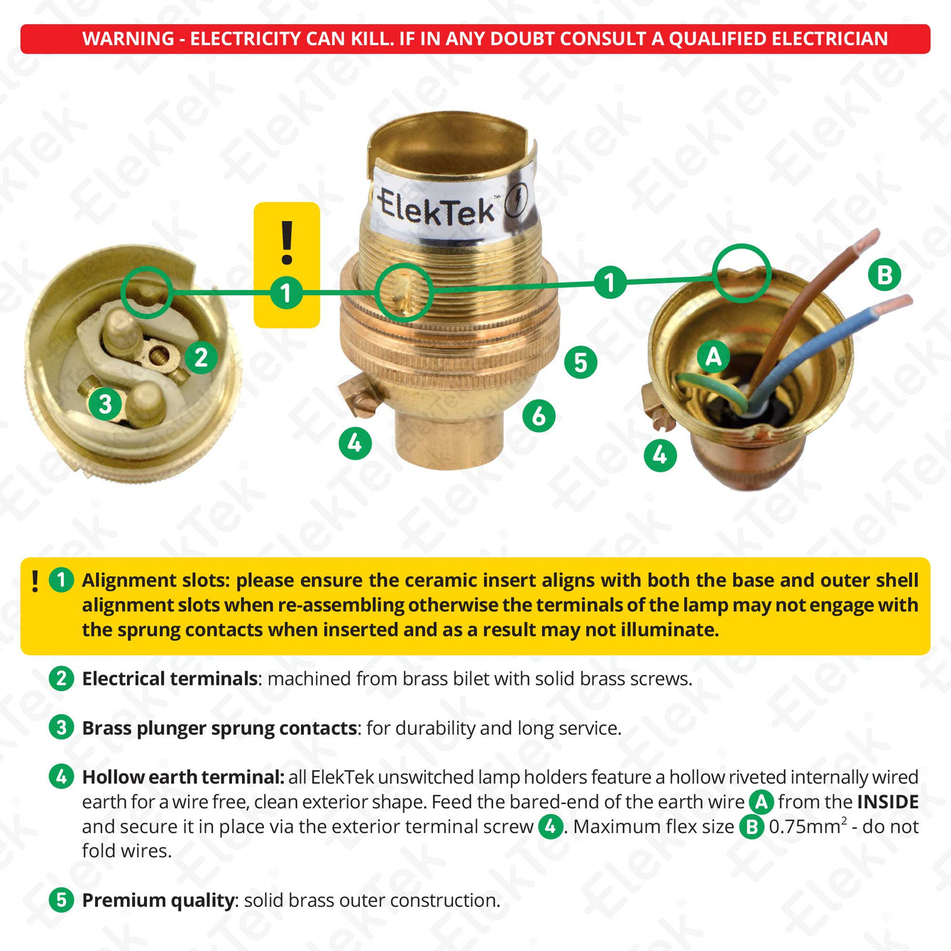 ElekTek Lamp Holder Bayonet Cap B22 Unswitched 10mm or Half Inch Entry With Shade Ring Solid Brass Chrome / 10mm