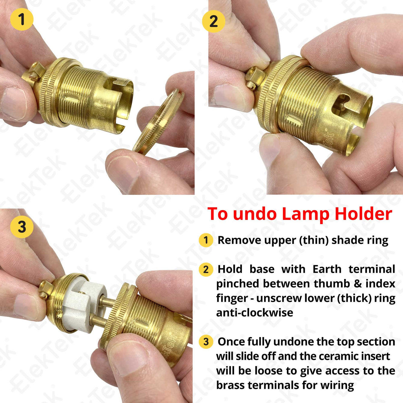 ElekTek Lamp Holder Bayonet Cap B22 Unswitched With Shade Ring and Hook Solid Brass Chrome