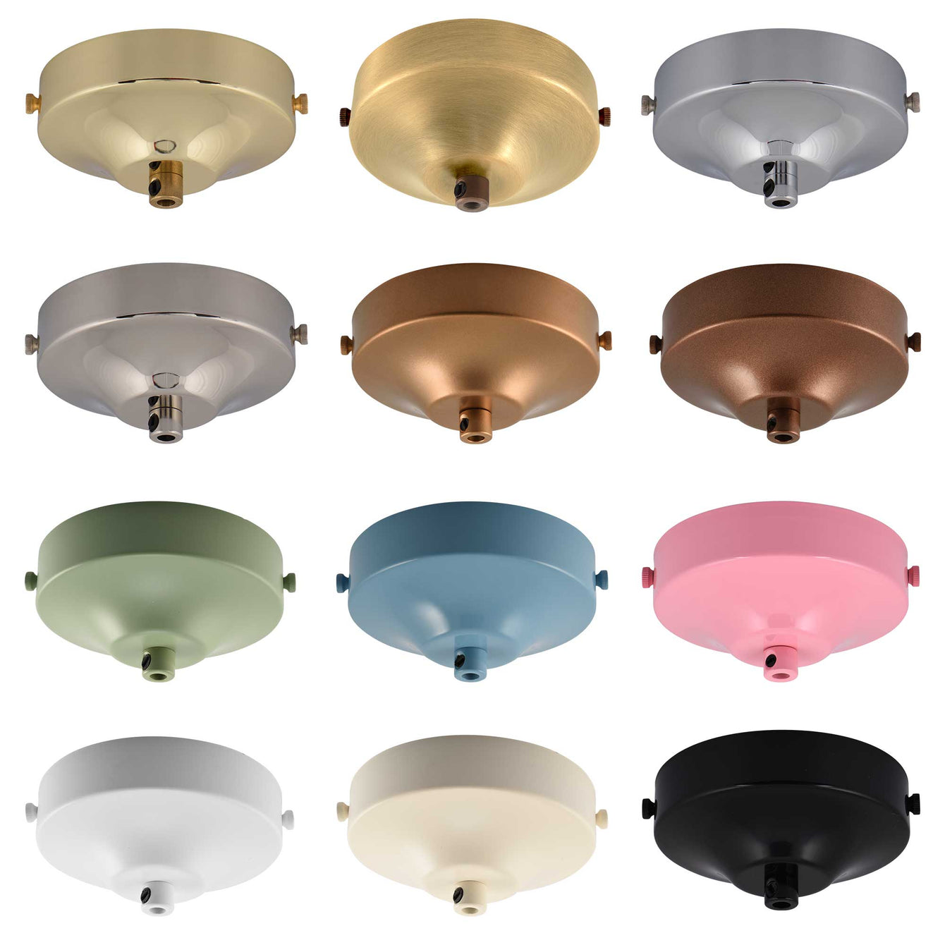 ElekTek 100mm Diameter Convex Ceiling Rose with Strap Bracket and Cord Grip Metallic Finishes Powder Coated Colours Brass