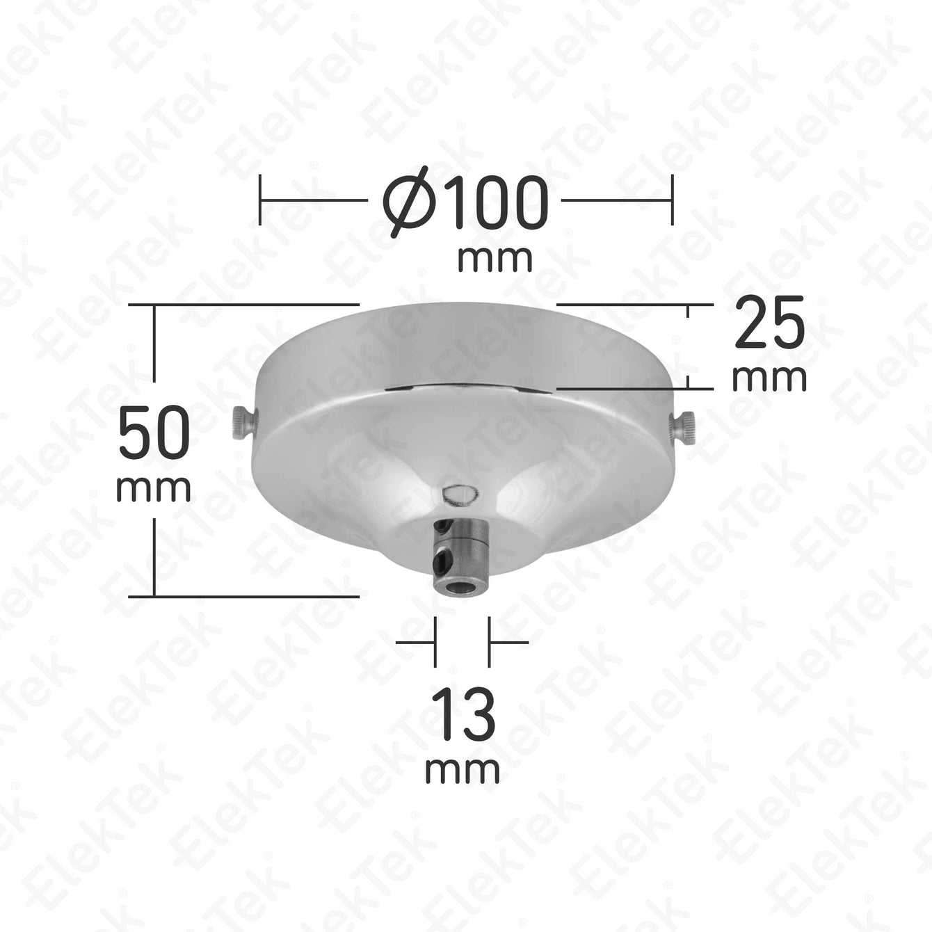 ElekTek 100mm Diameter Convex Ceiling Rose with Strap Bracket and Cord Grip Metallic Finishes Powder Coated Colours Chrome